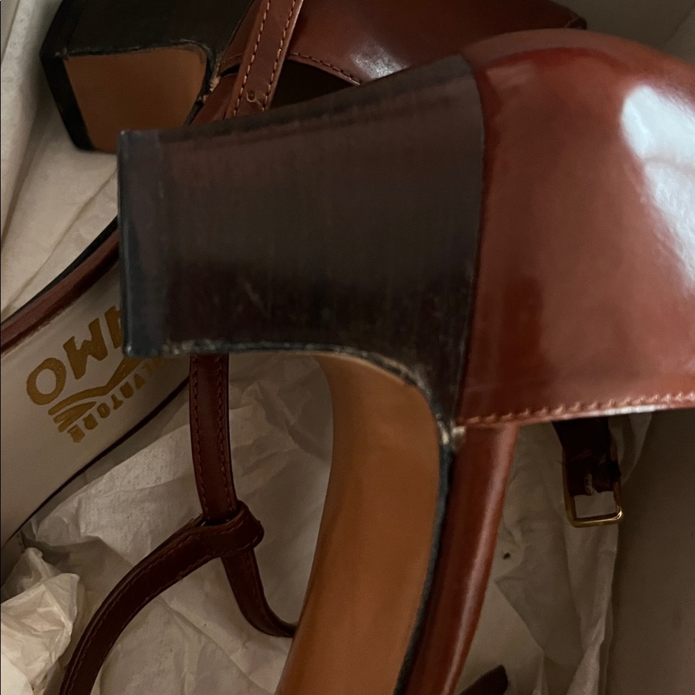 Salvatore Ferragamo Brown Leather T-Strap Heels - Picture 7 of 10